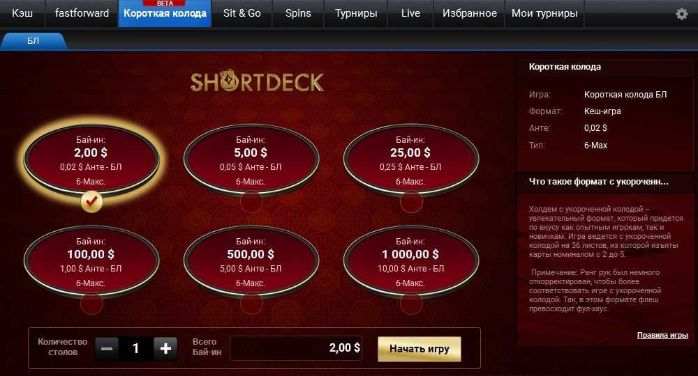 Лобби 6-max столов Short Deck